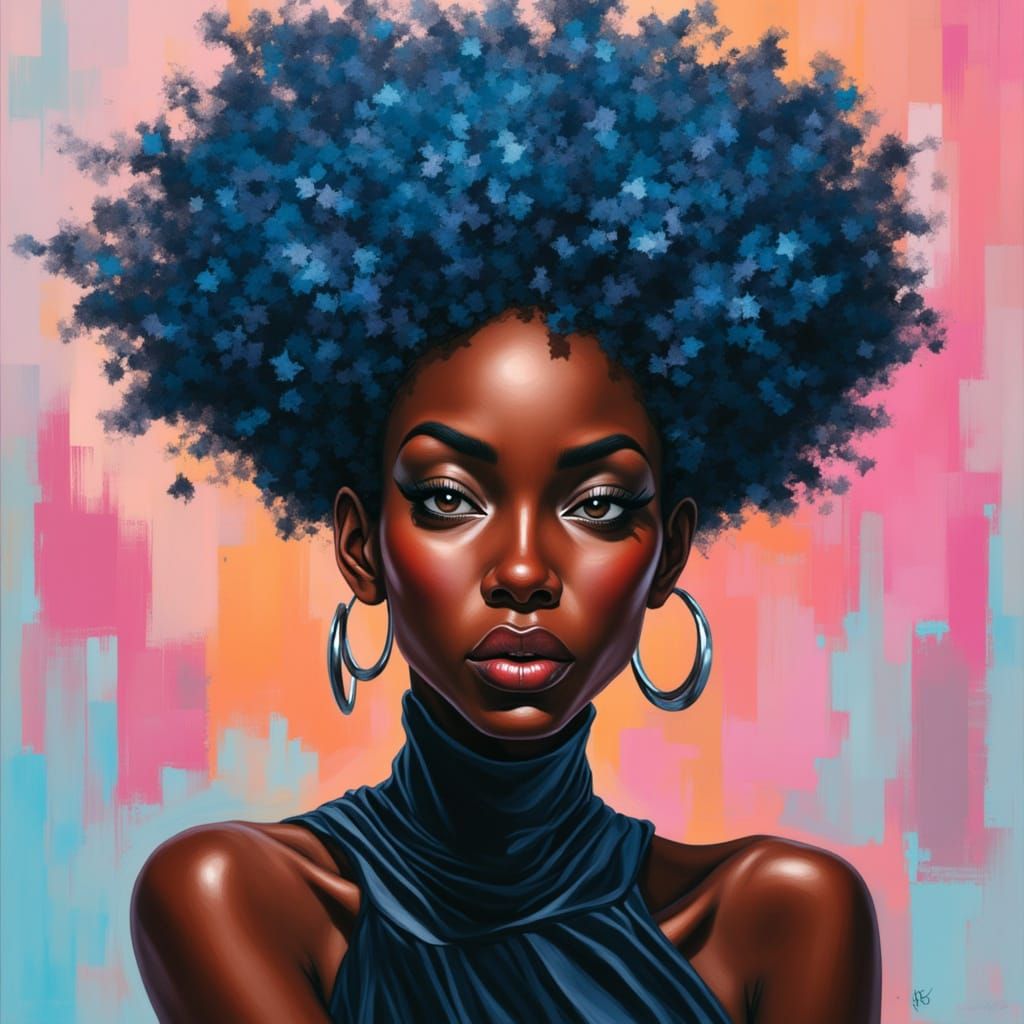 Striking Black Woman with Blue Afro in Avant-Garde Fashion