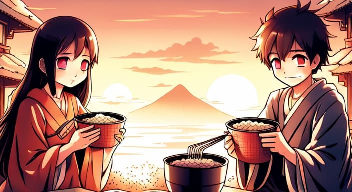 Couple Eating Ramen in Anime Style