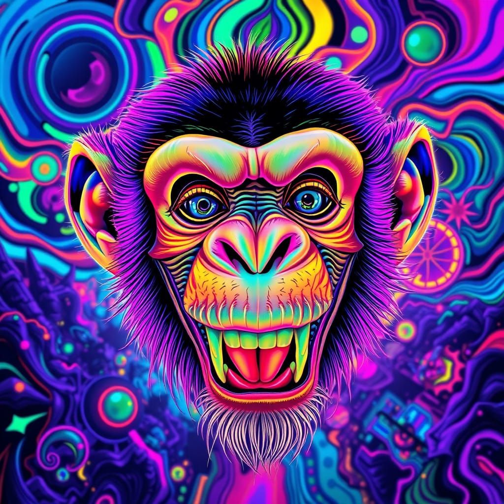 Surreal Monkey Face in Neon Psychedelic Chaos