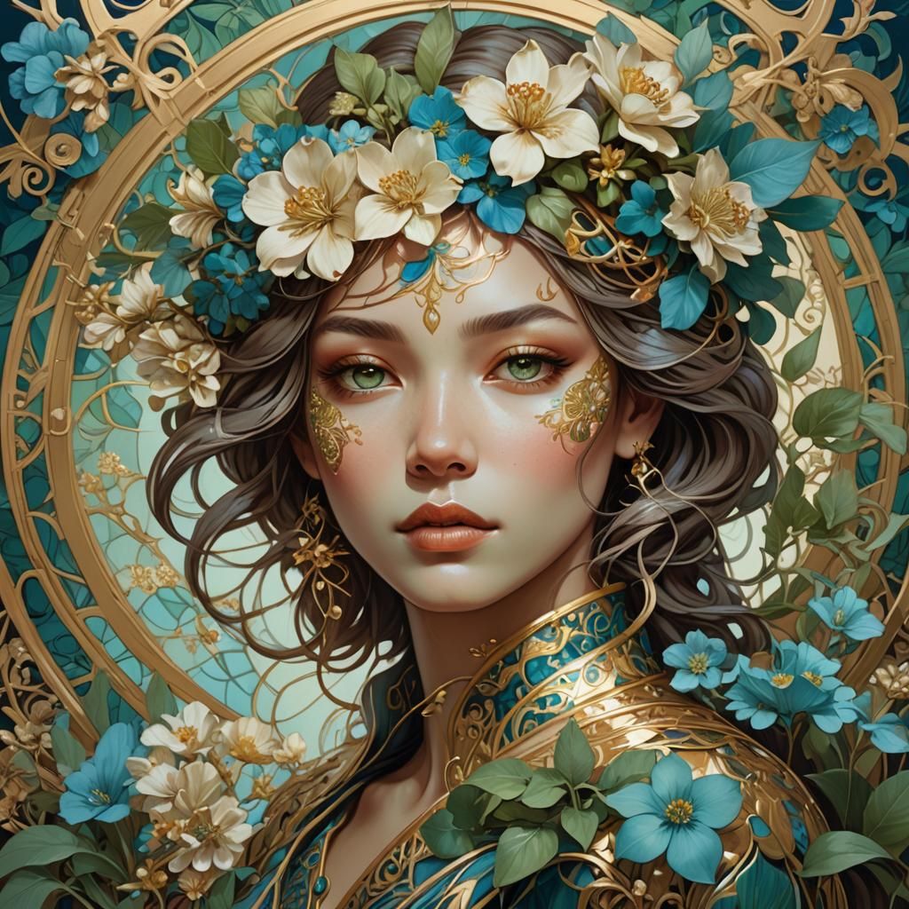 Serene Girl with Gold Kintsugi in Floral Surrealism