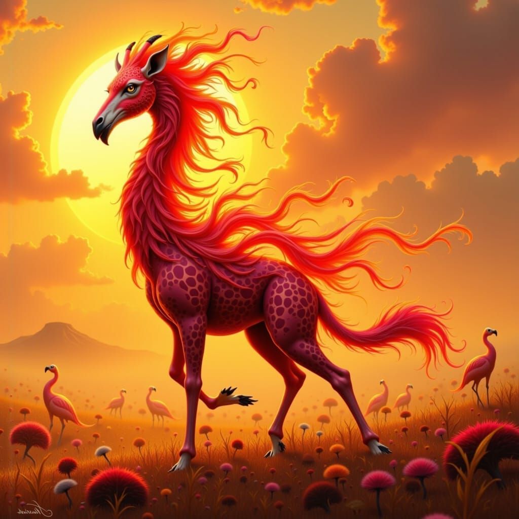 Fire-Flamingo-Giraffe Hybrid in Sunset Savannah
