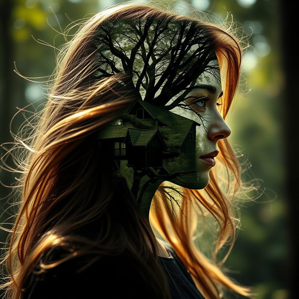 Double Exposure Portrait: Woman and Treehouse