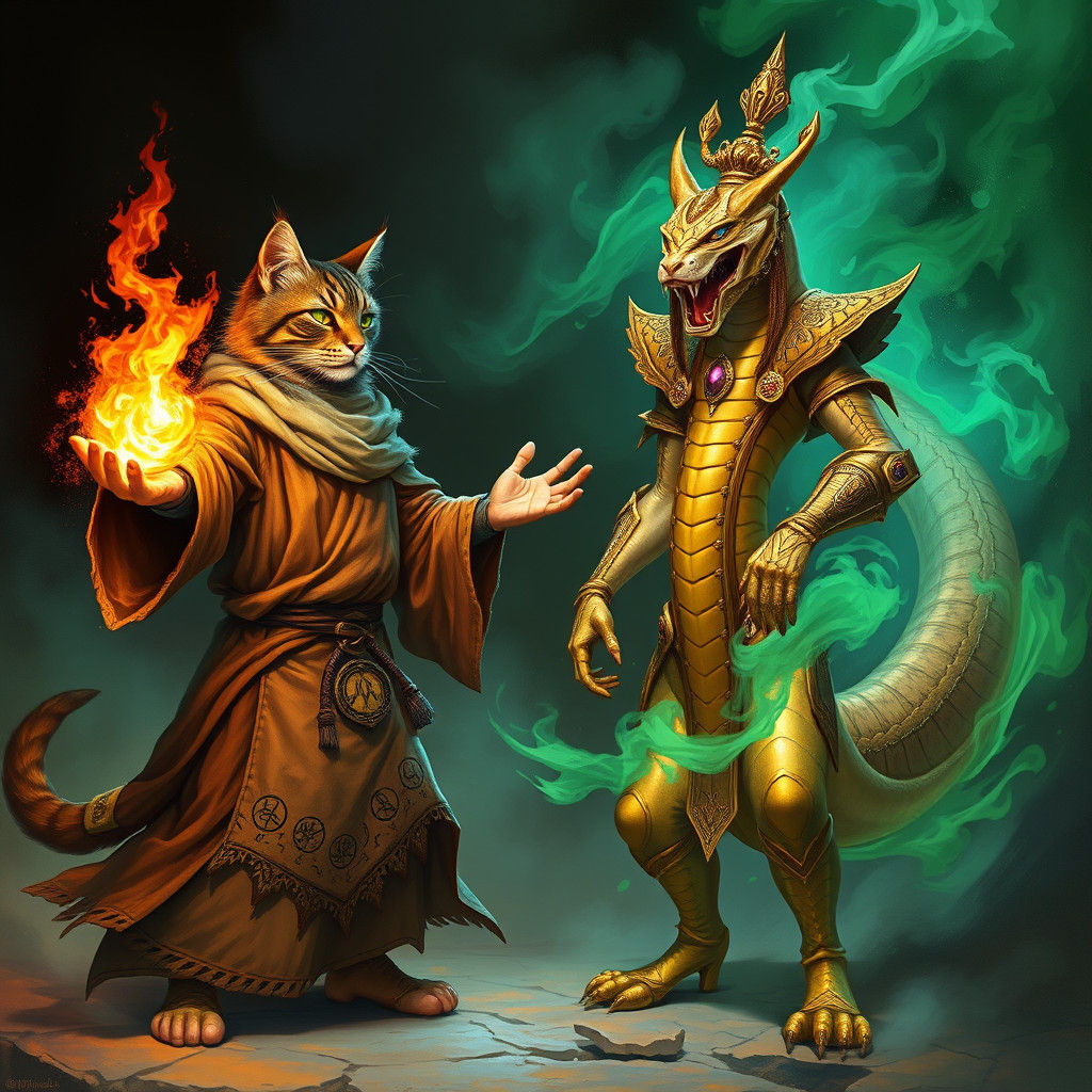 Cat Sorcerer vs Cobra Warrior in Fantasy Art