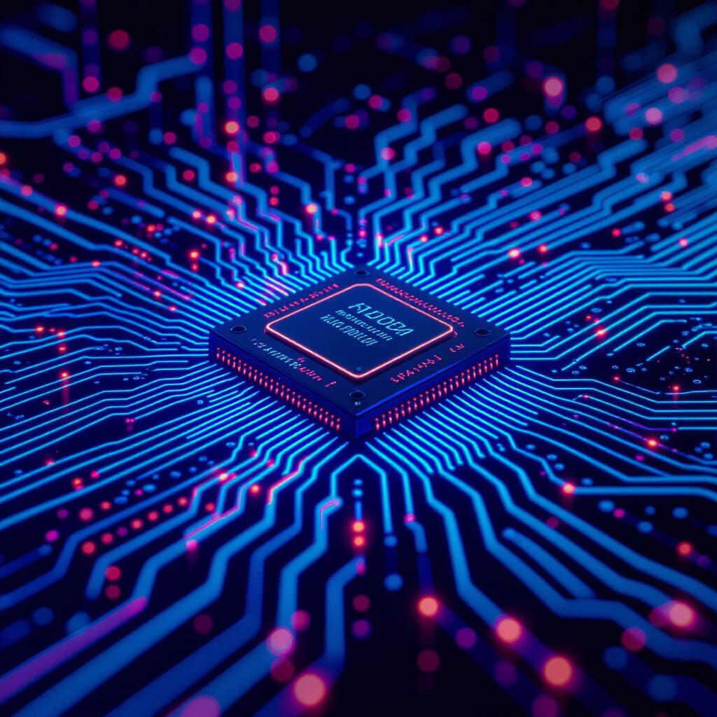 Glowing Neon Circuit Board in Cosmic Space