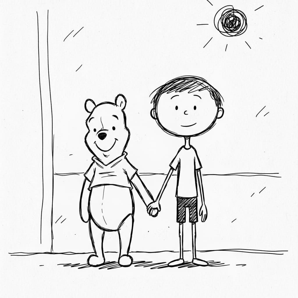 Winnie the Pooh and Greg Hold Hands in Line Art
