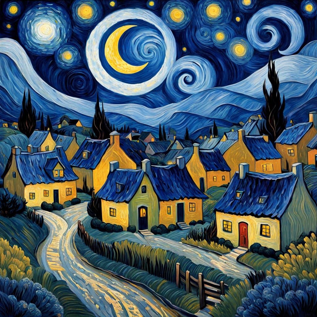 Swirling Starry Village Nocturne in Expressive Post-Impressi...