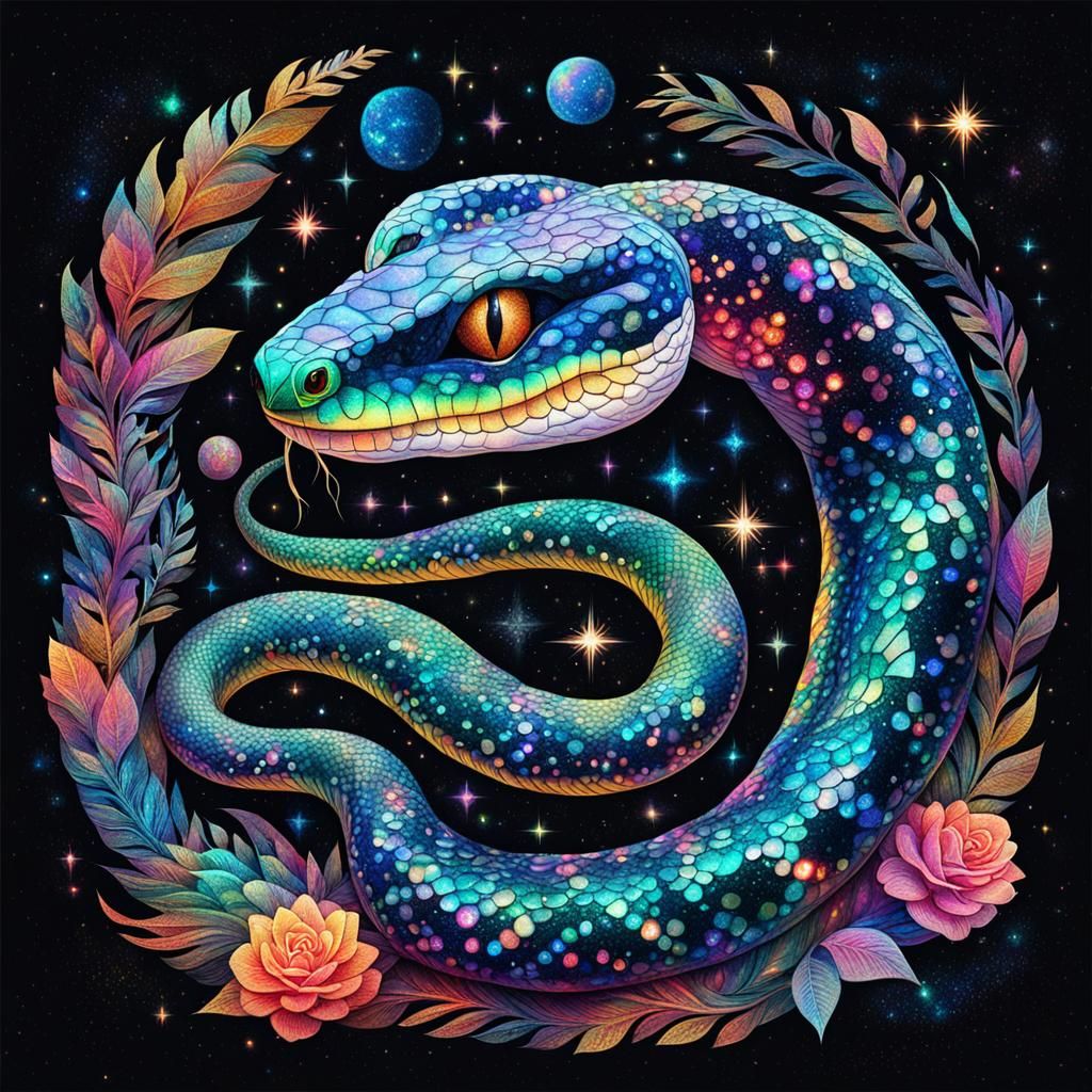 Holographic Glitter Snake in Astral Cosmic Illustration