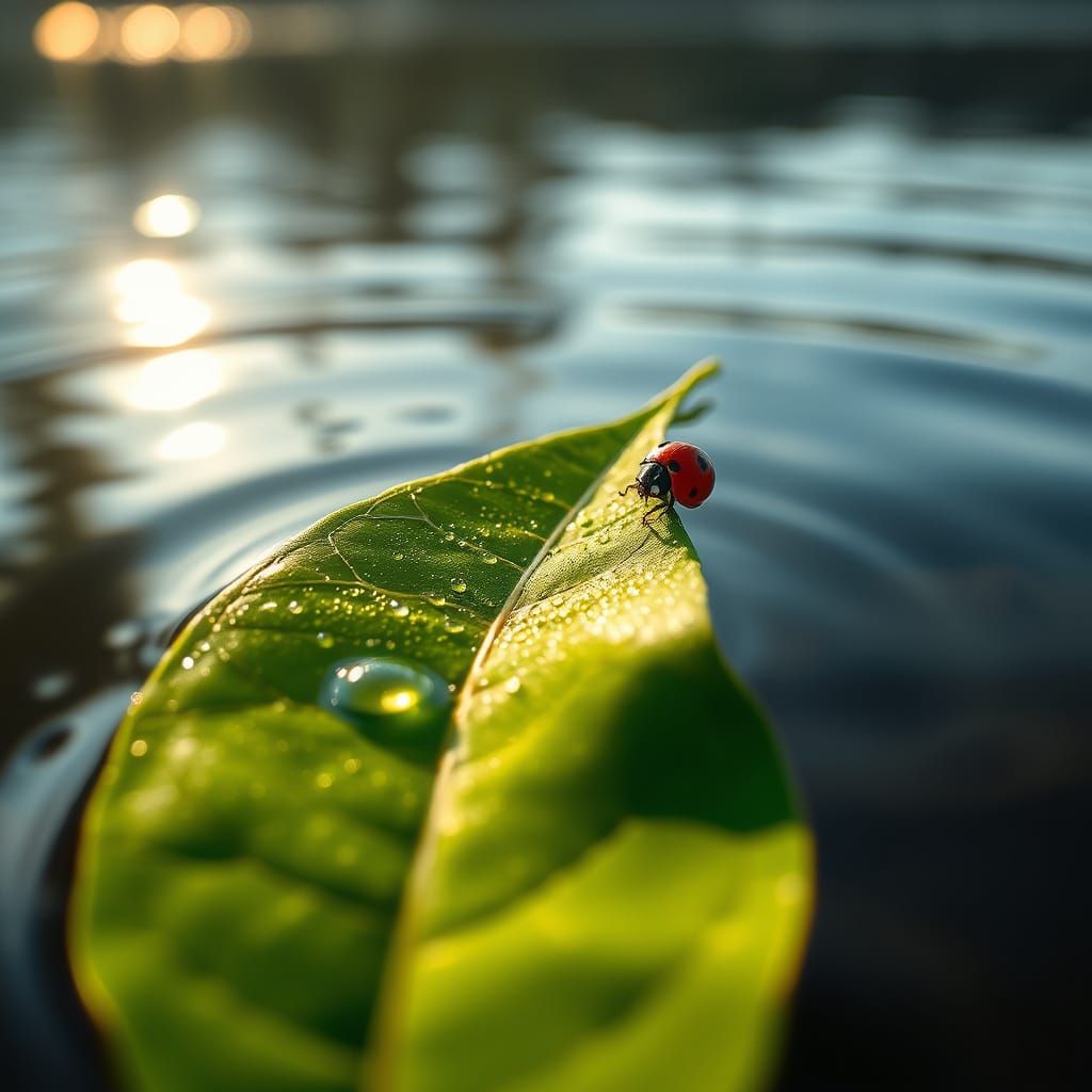 Dew-Kissed Leaf on Serene Lake in Hyperrealistic Style