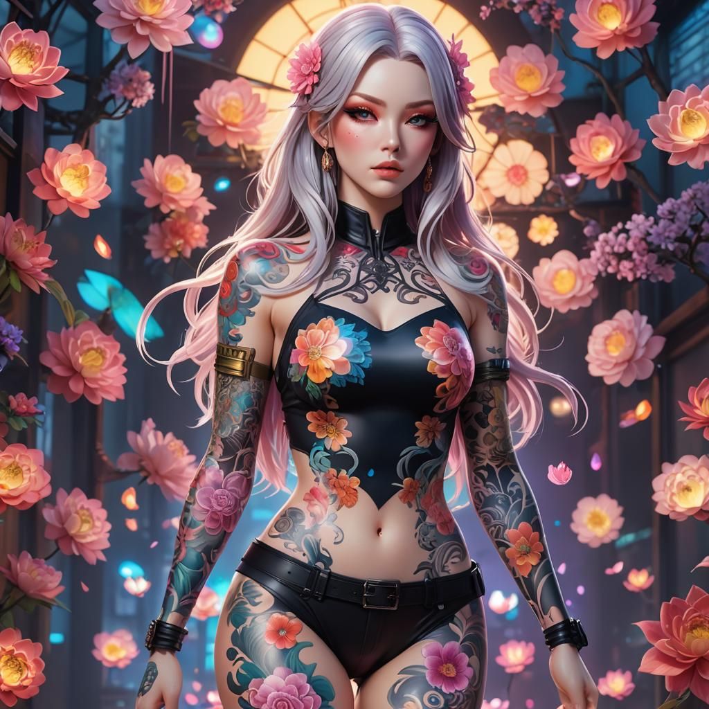 Tattooed Woman in 3D Anime Style, Iridescent Ink