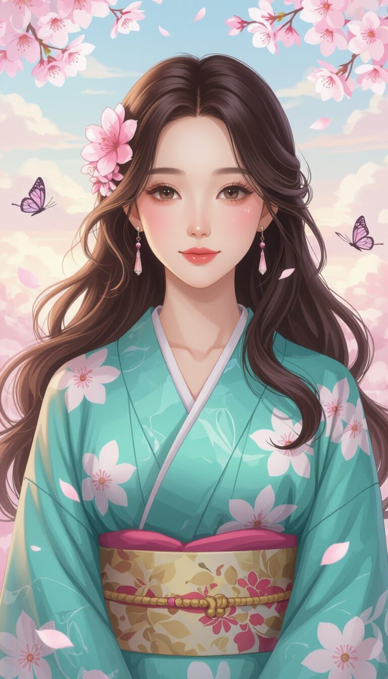 Serene Japanese Woman with Cherry Blossoms
