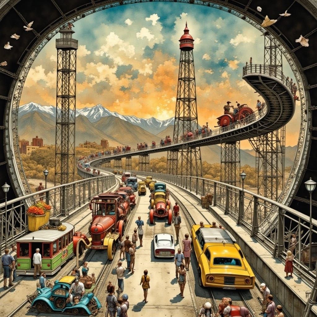 Basset Hounds Queueing at Amusement Park Amidst Steampunk Tr...