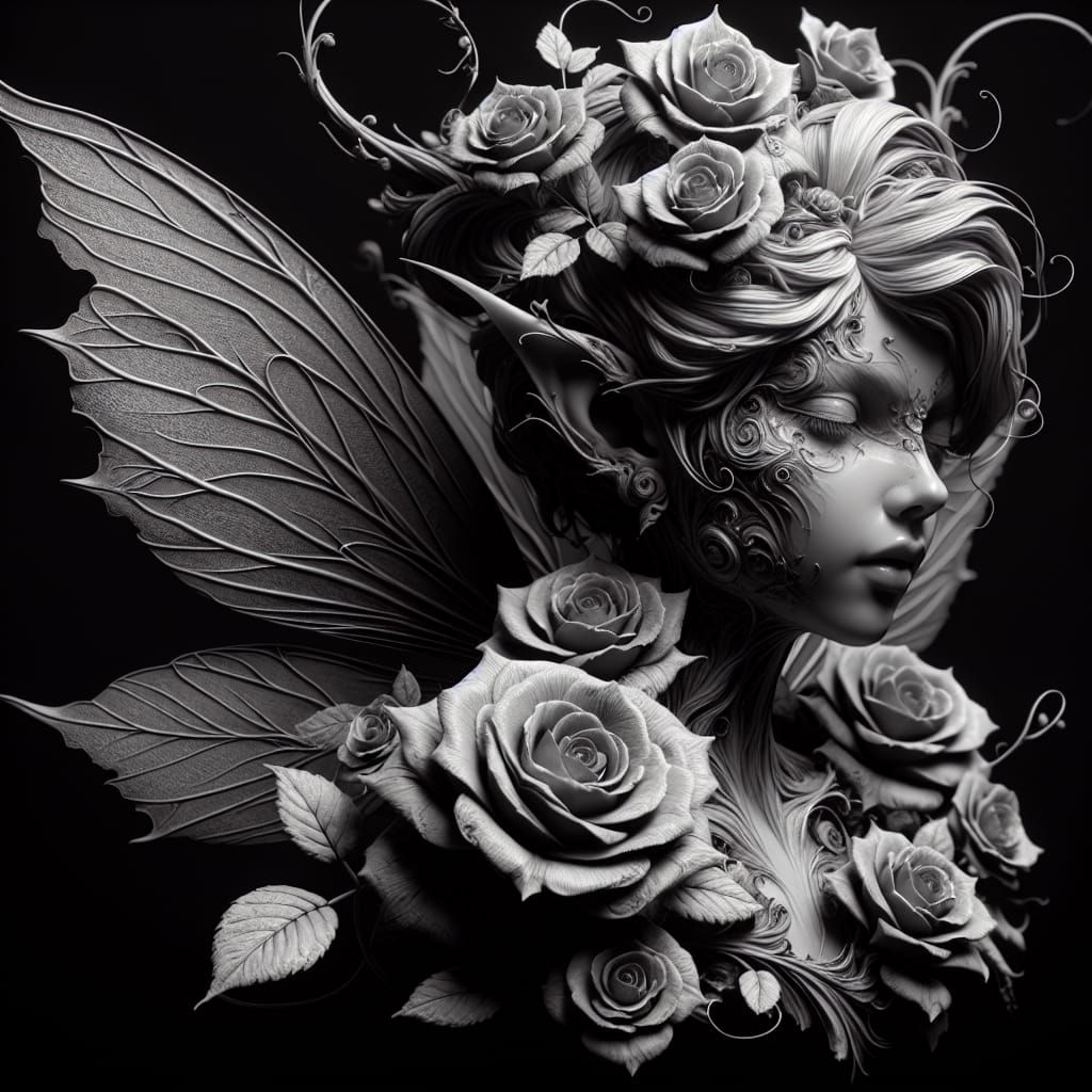 Detailed Portrait of a Rose Fairy in Black and White