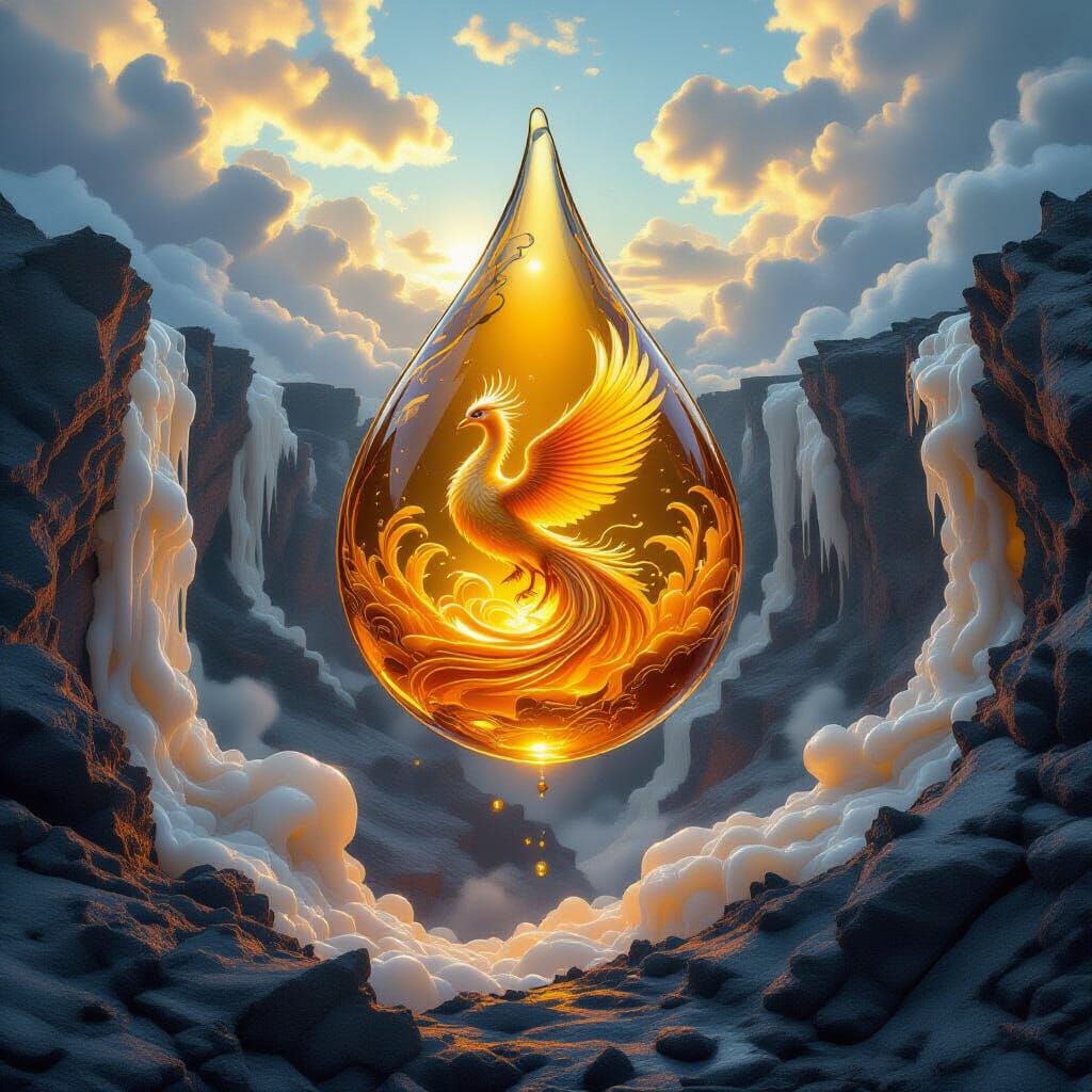 A phosphorescent clothed phoenix formed from honey coils inside a levitating amber droplet above a canyon of fossilized ...