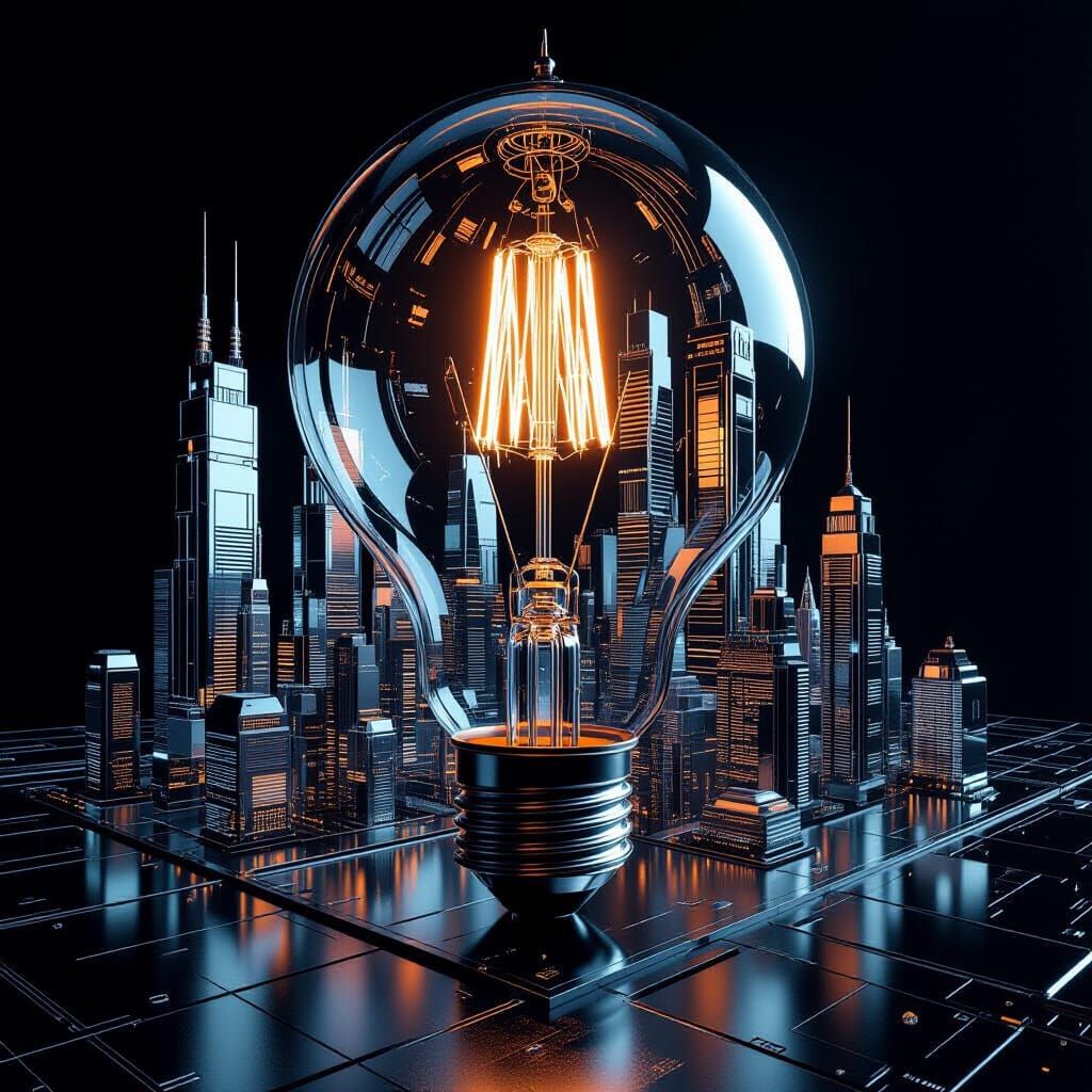 Metropolis Inside Lightbulb: Sci-Fi Cityscape