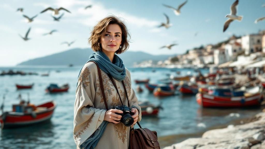 Woman with Camera by Fishing Boats: Hyper-Realistic Coastal ...