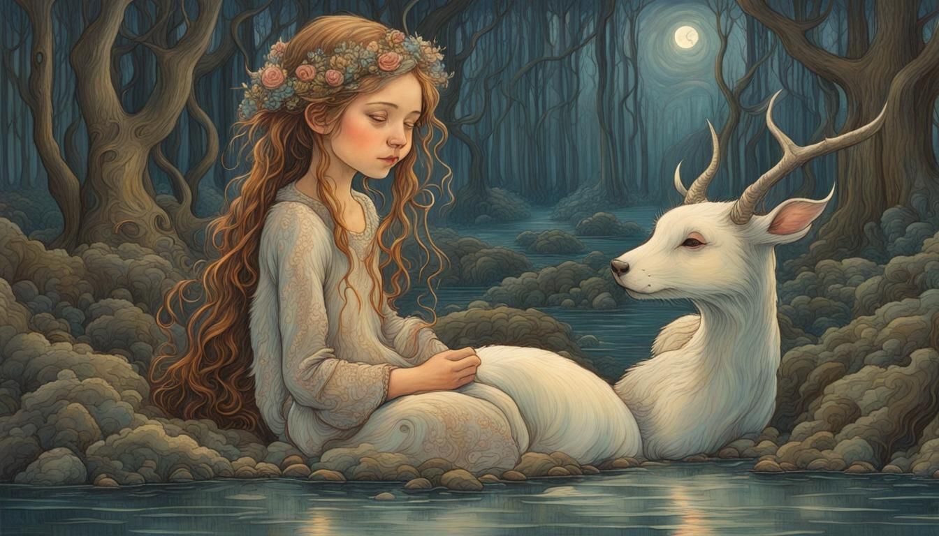 Glittering Night Landscape with Deer and Otters