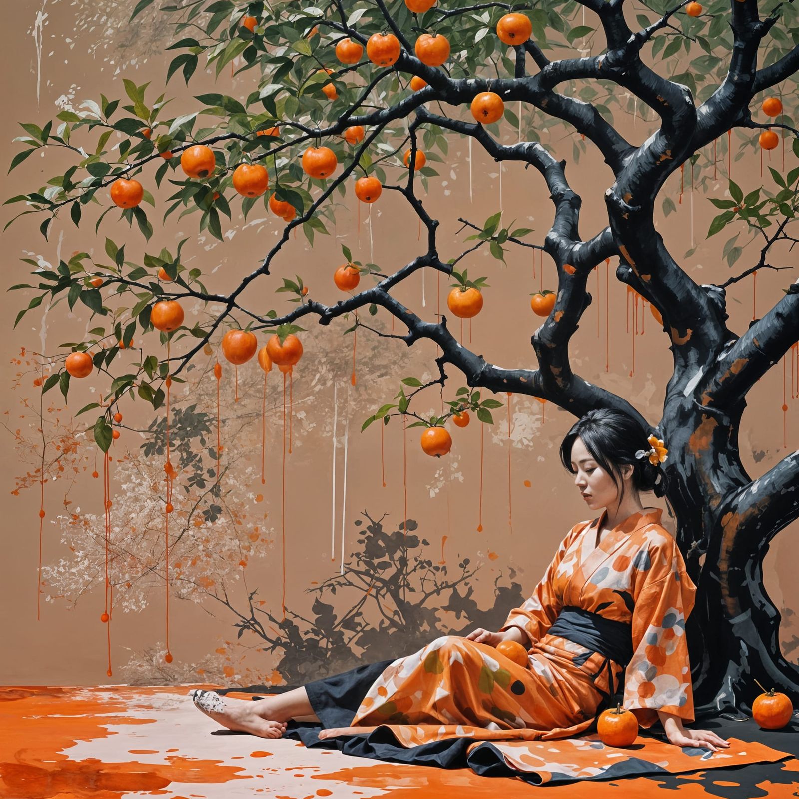 Japanese Persimmon Tree in Abstract Impressionist Style