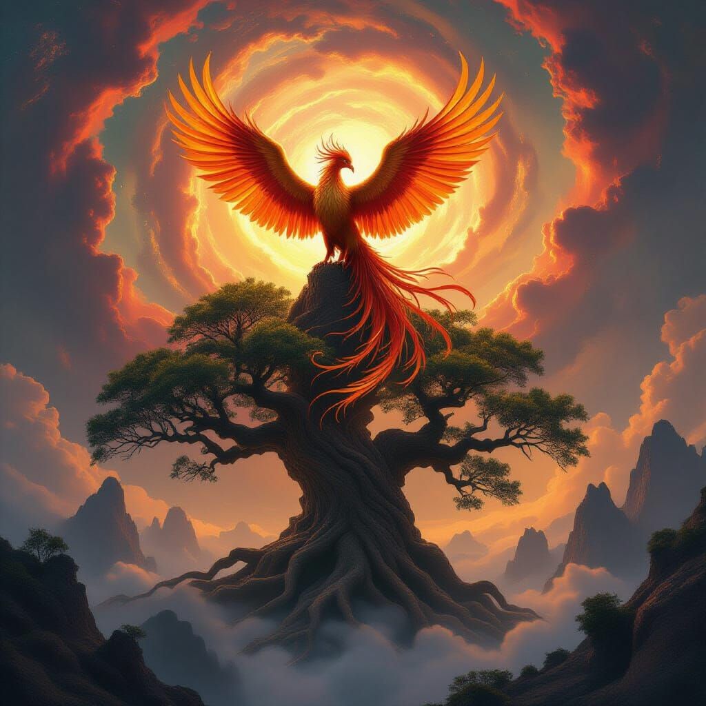 Majestic Phoenix on Ancient Tree in Cosmic Vortex