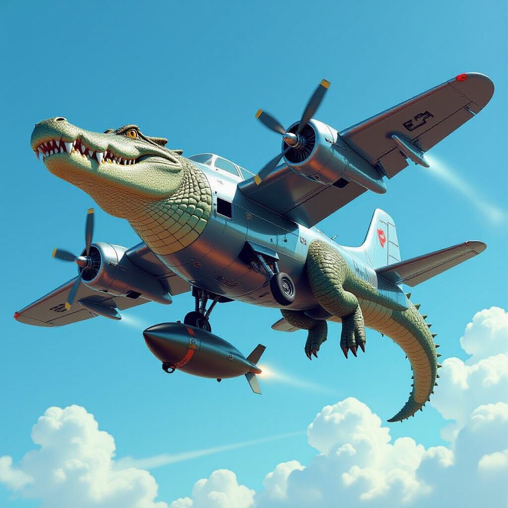 Crocodile Airplane Flies With Bomb, Futuristic Style