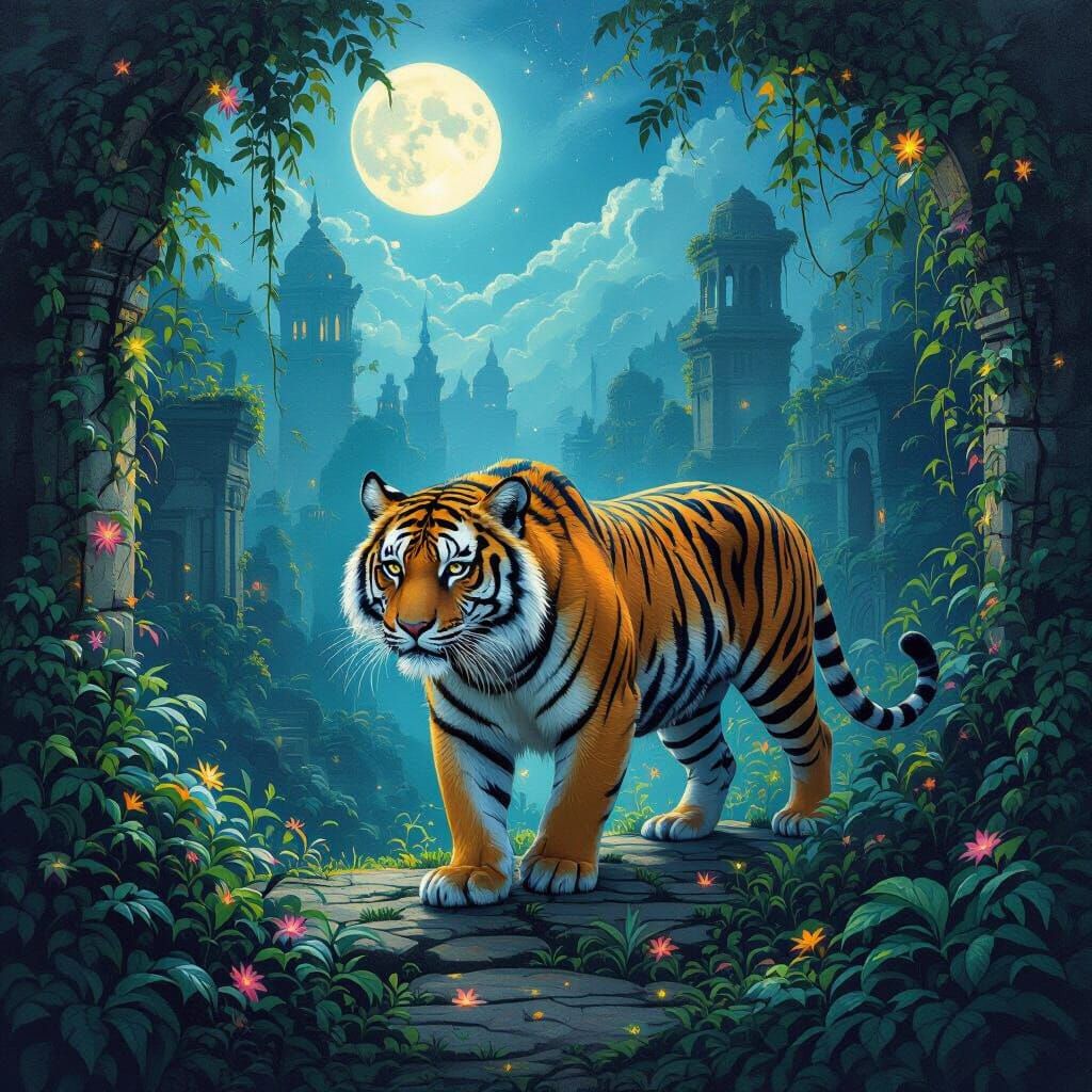 Celestial Tiger in Moonlit Jungle City