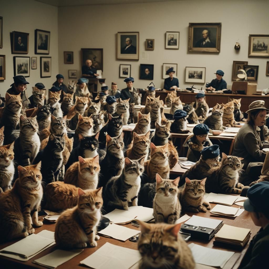 A room full of cats trying to hold a sophisticated art criti...
