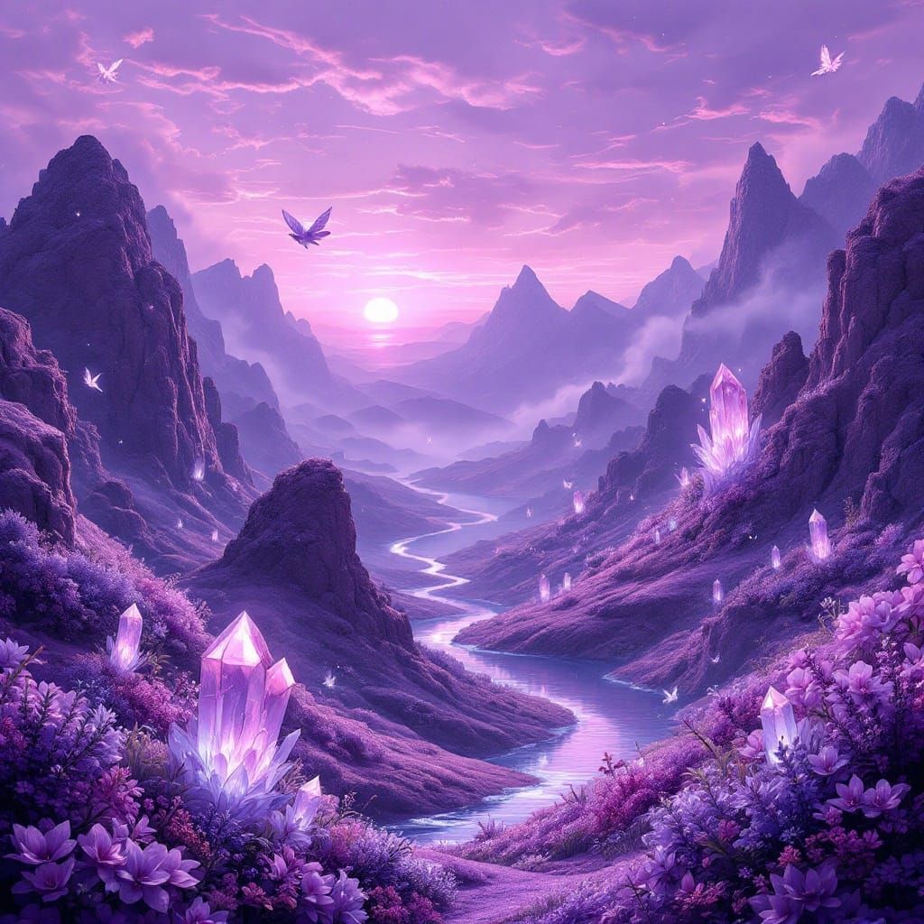 Create a unique, award-winning image that explores the mystical and mesmerizing world of all shades of purple. This imag...