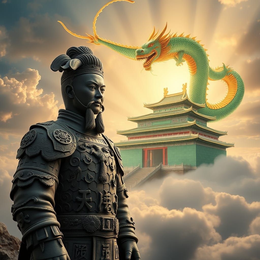 Terracotta Soldier Guards Celestial Palace with Dragon