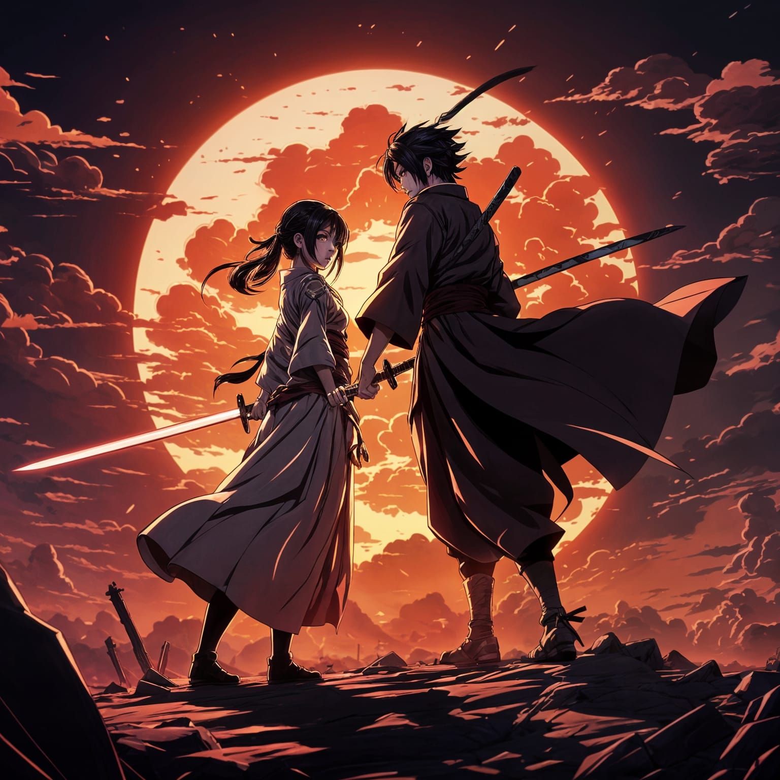Epic Anime Battle Scene: Warriors Duel at Sunset
