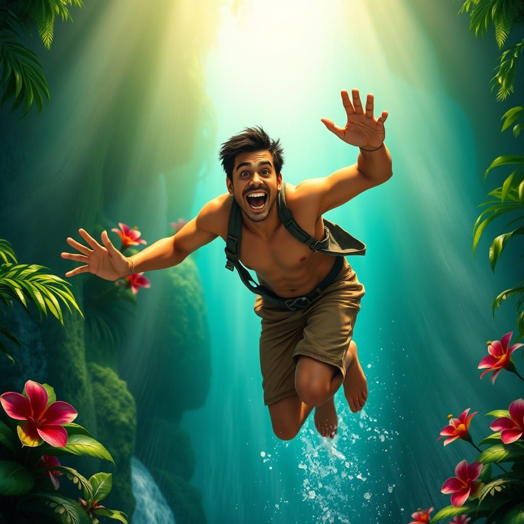 Cinematic Man Dives into Jungle Waterfall in Vibrant, High-P...