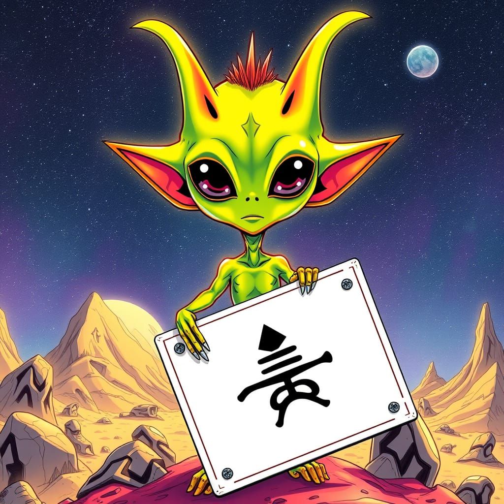 Manga Alien Holding Symbolic Sign on Strange Planet