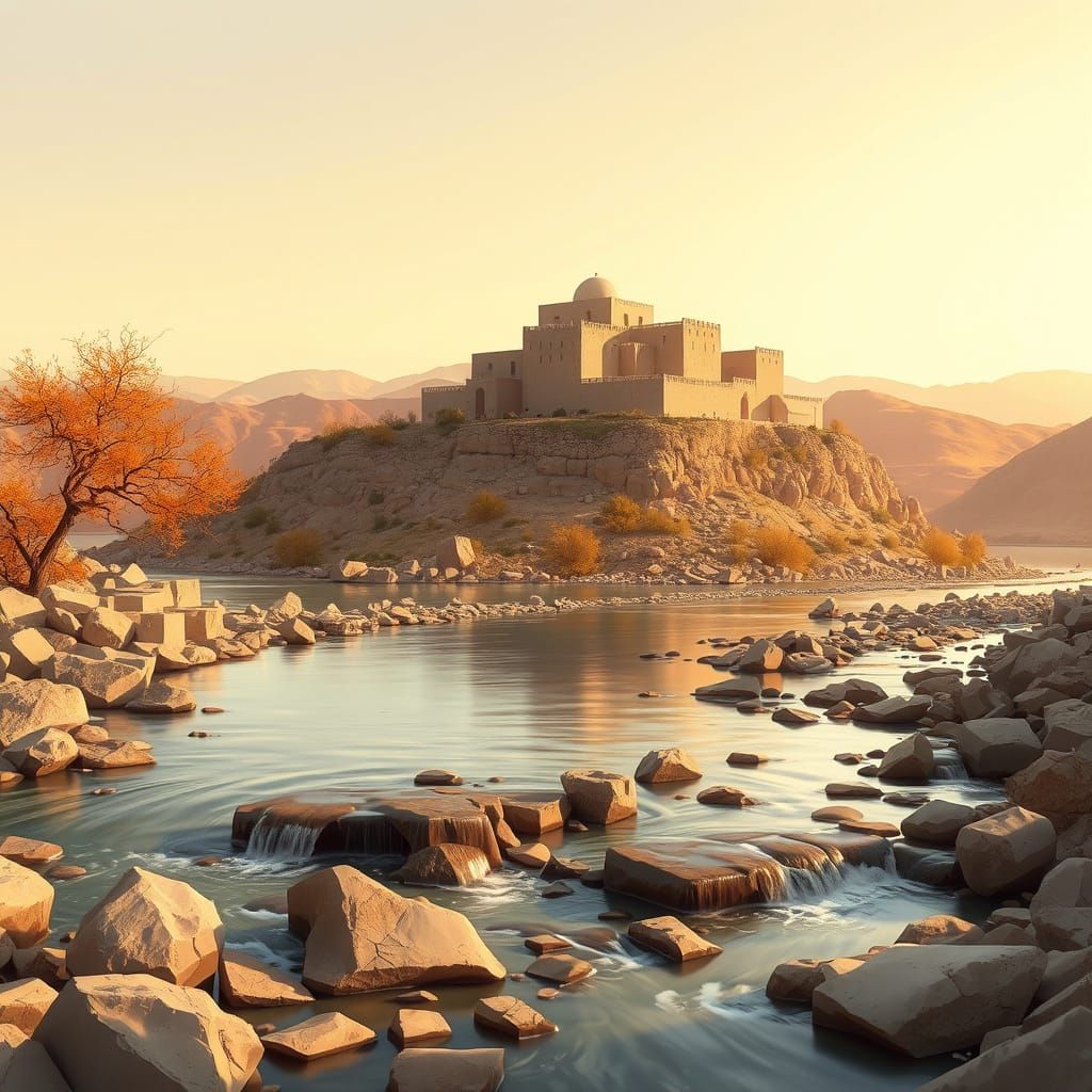 Serene Landscape with Cubic Buildings Digital Painting