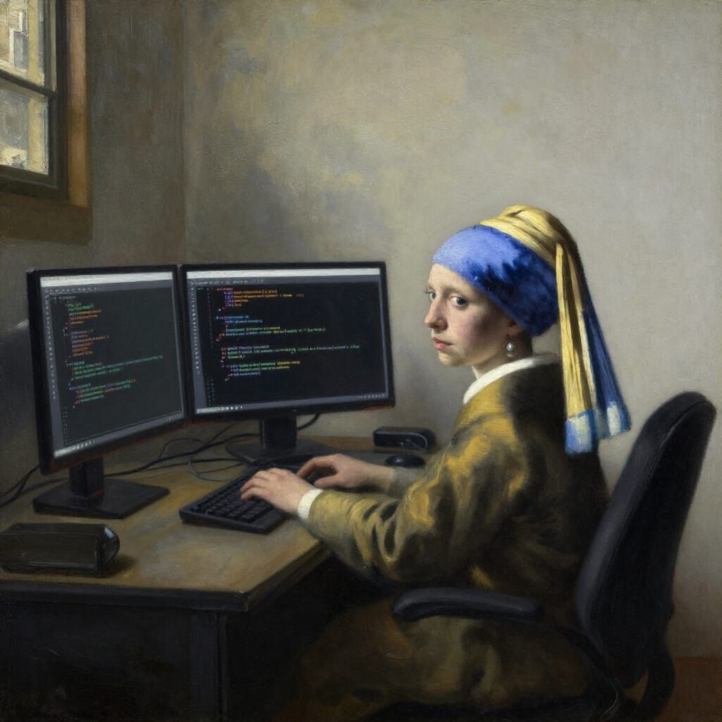 Developer in Dim Room with Glowing Code Screens