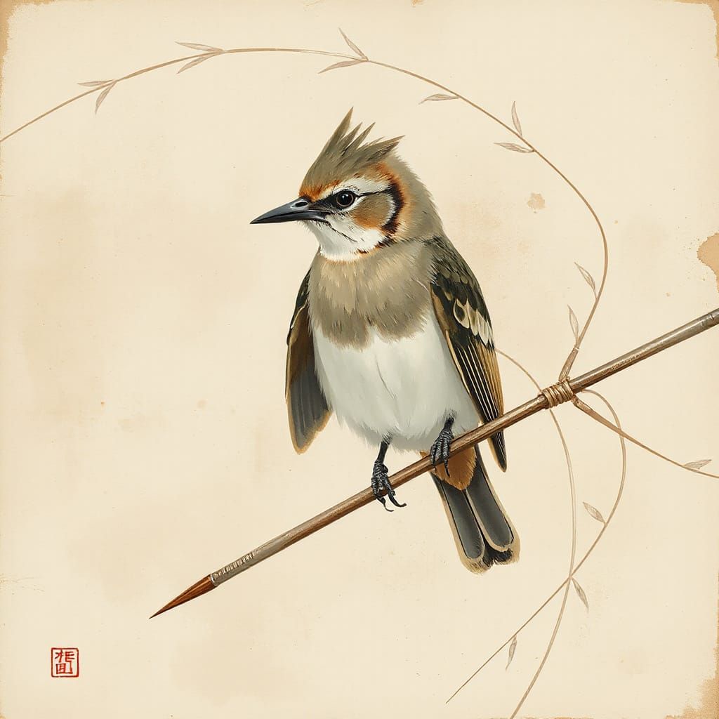 Ronin Bird on Needle in Japanese Watercolor Style