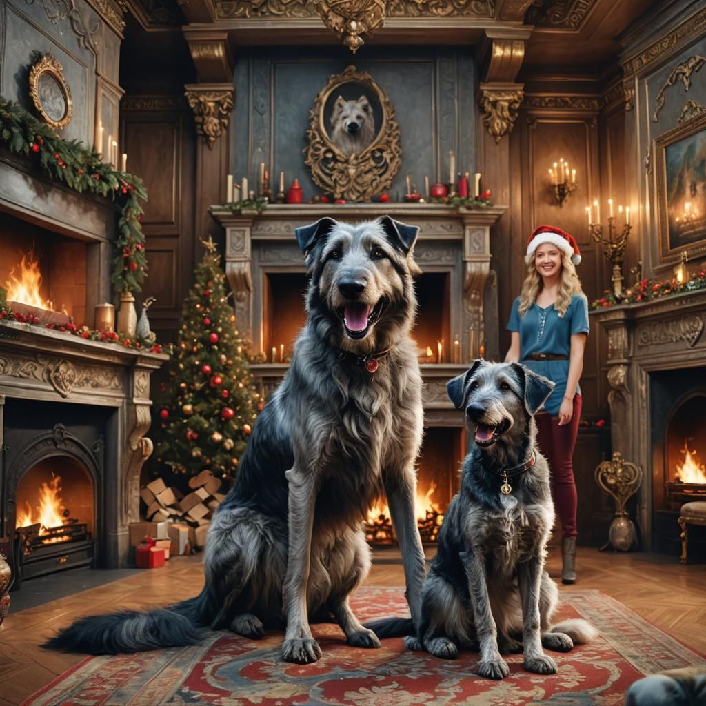 Irish Wolfhound Christmas Scene in Fantasy Art Style