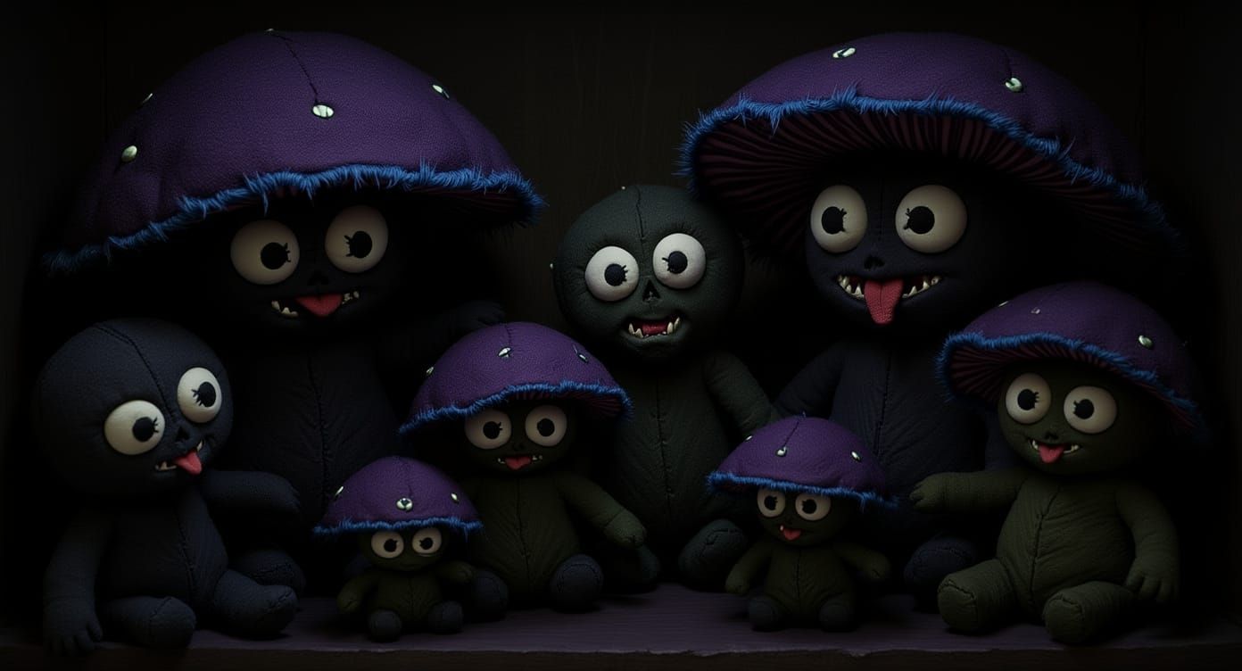 Unsettlingly Cute Mushroom Plushies in a Gothic Toy Shop