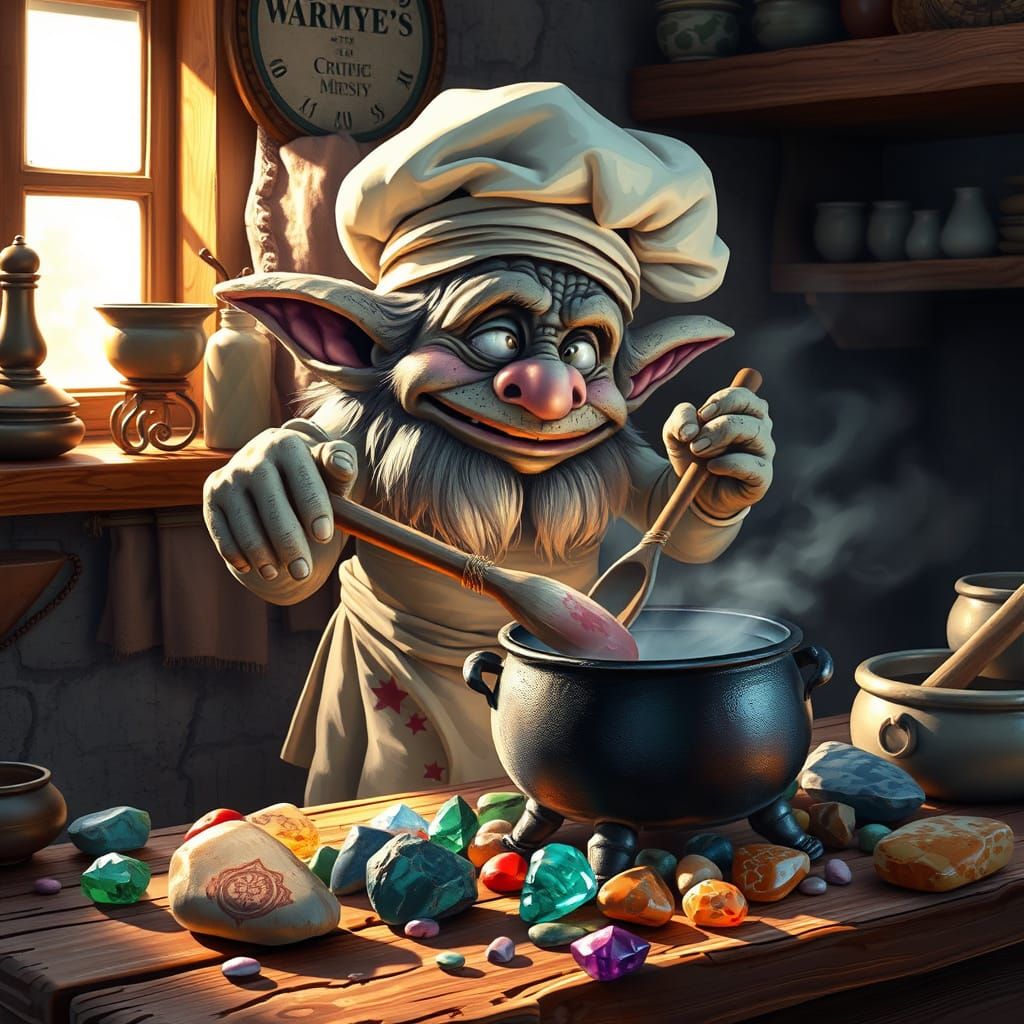 Stone Troll Chef Stirring Cauldron in Cosmic Style