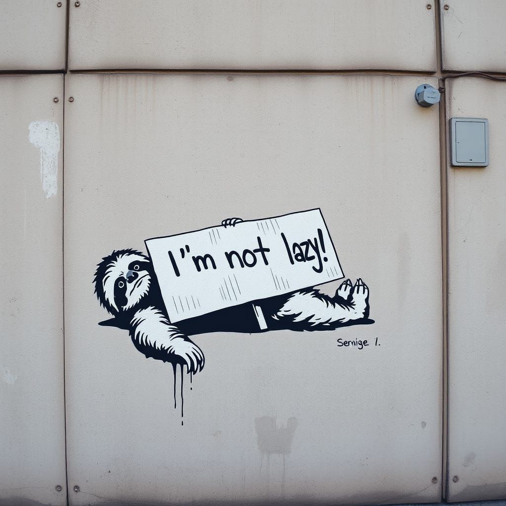 Banksy-Style Sloth Stencil on Concrete Wall