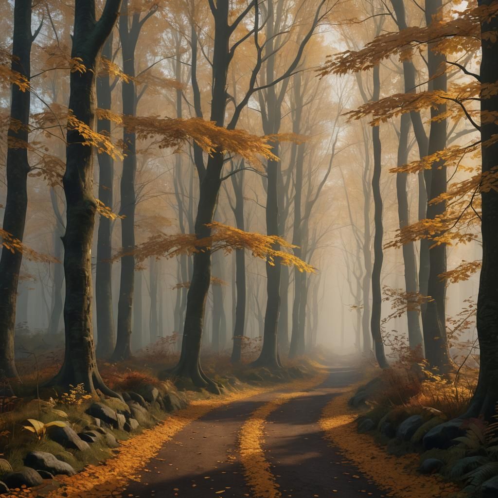 Misty Autumn Forest Path in Dreamlike Matte Painting