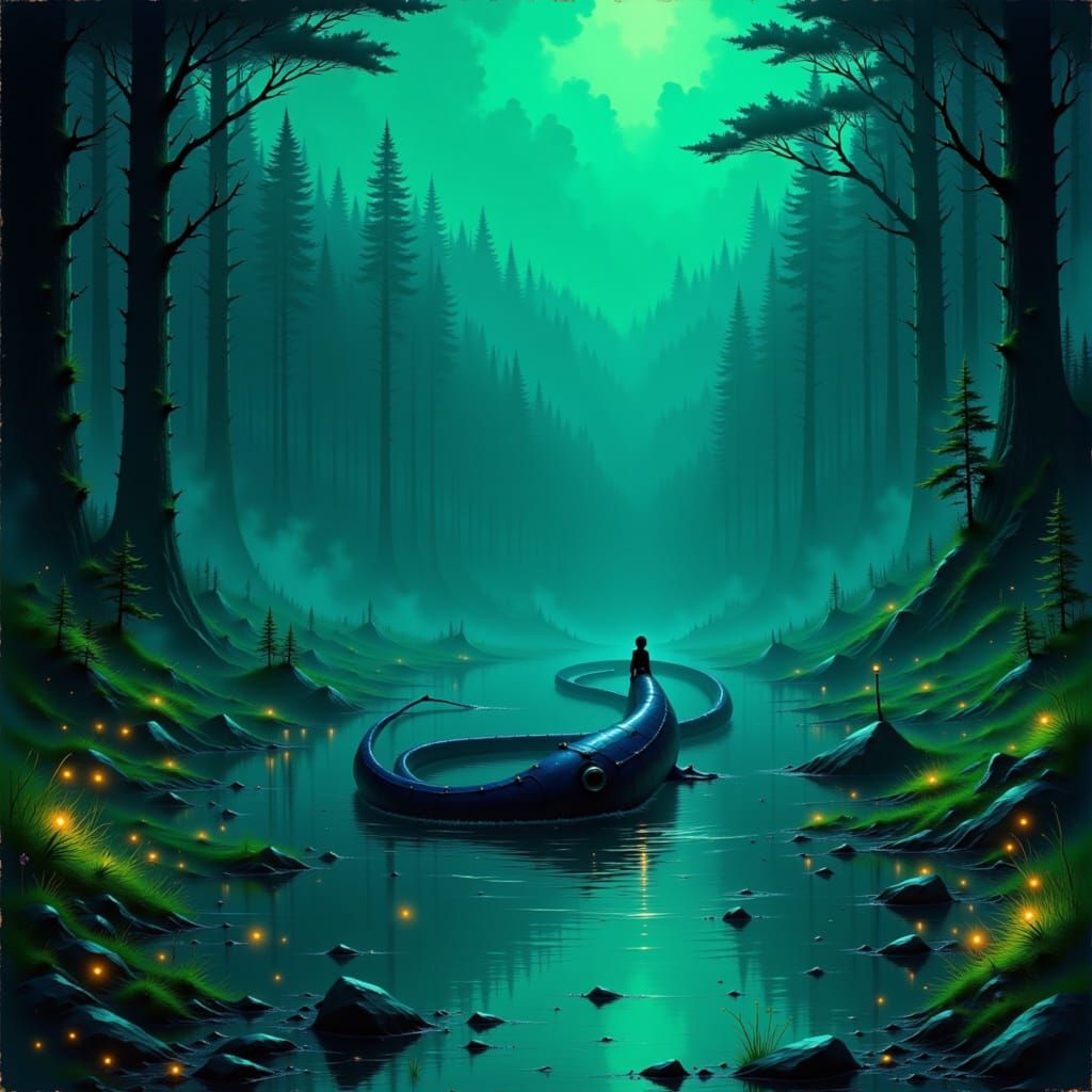 Manipogo Swims in Dark Lake: Retro-Futuristic Style