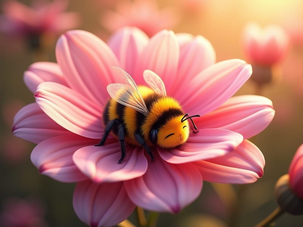 Cartoon Bee Sleeping in Pink Flower Petals