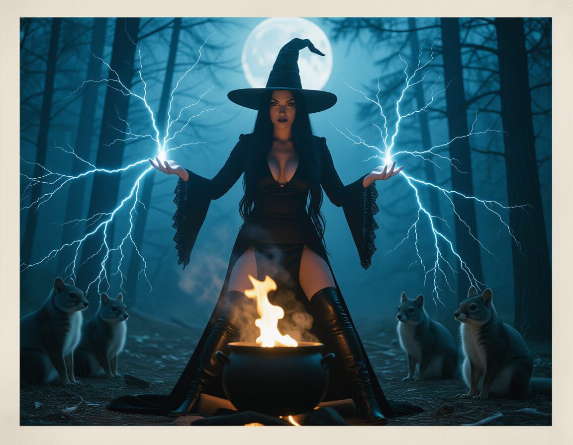 Witch Conjures Lightning Over Cauldron in Moonless Forest