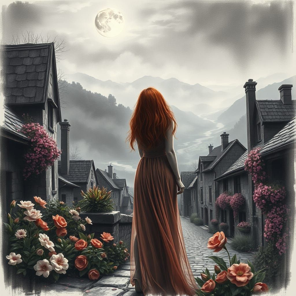 Romantic Village Under Moonlight in Charcoal Style