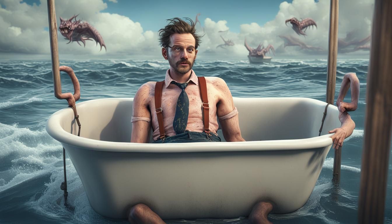 Man in Bathtub with Sea Monsters: Hyperrealistic Art