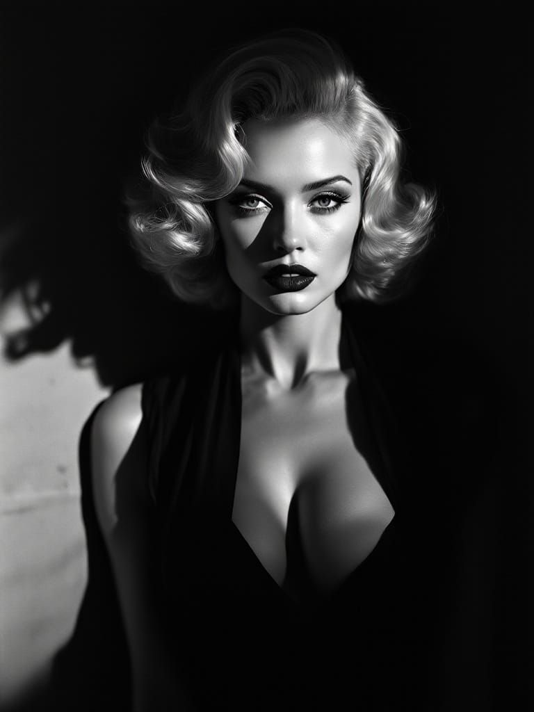 Blonde Pin-Up: Luminous Monochrome Portrait in Film Noir Sty...