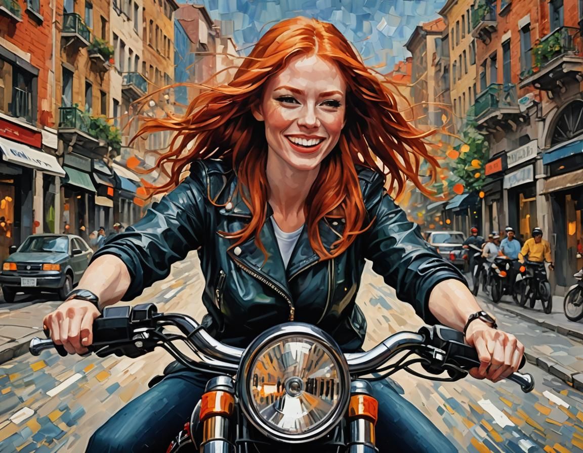 Redhead Girl Motorcycle Ride, Impasto Acrylic Painting