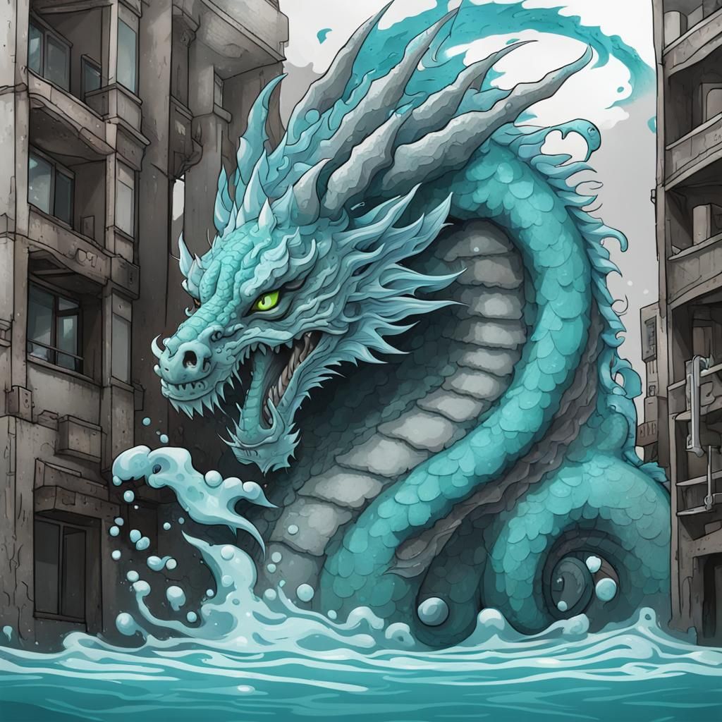 Cyan Water Dragon in Graffiti Cityscape