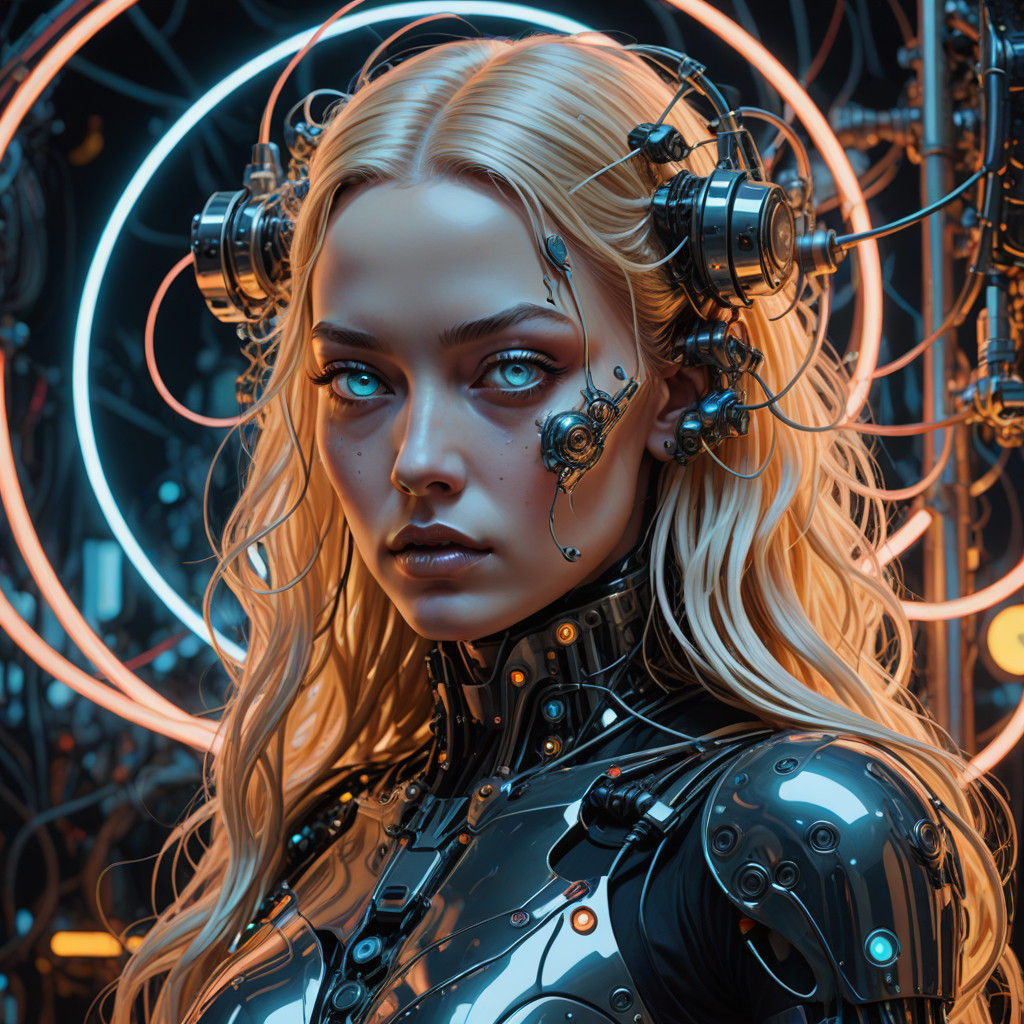 Glamorous Cyberpunk Woman with Neon-Lit Background and Ray G...