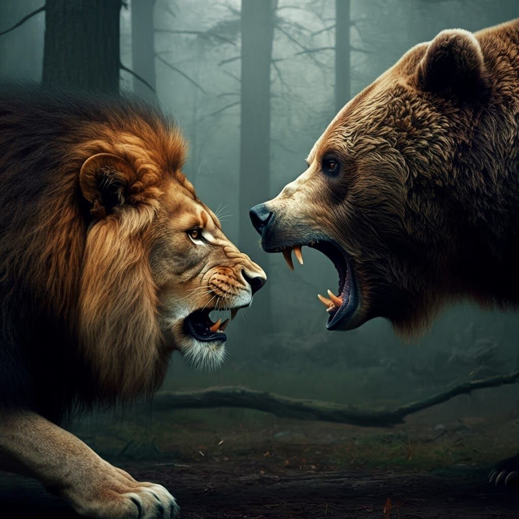 Lion and Bear Face Off in Dense Forest