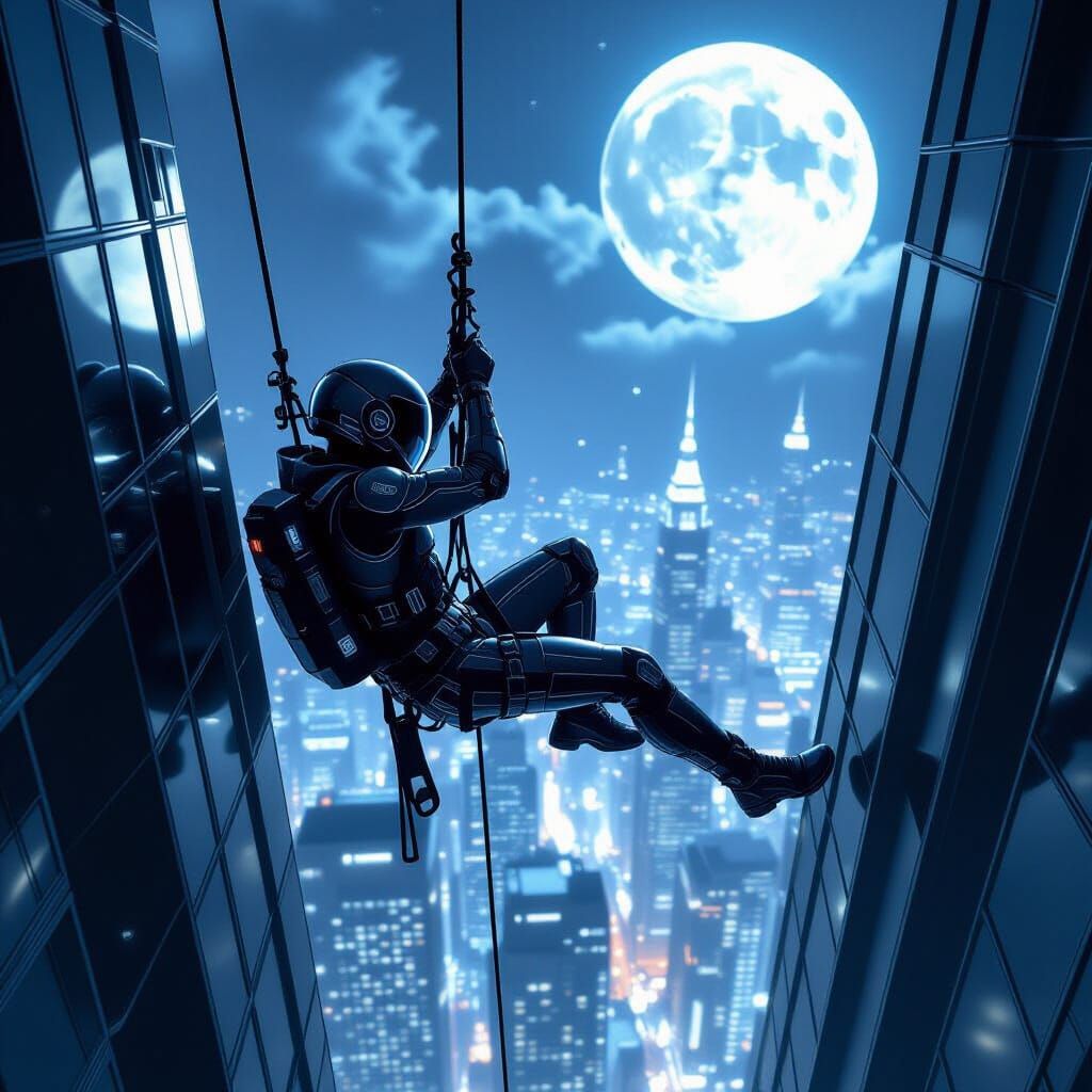 Thief rappels down skyscraper, moonlight, hyperrealistic sty...