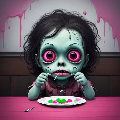 Cartoon Baby Zombie Eats Jello: Whimsical Illustration